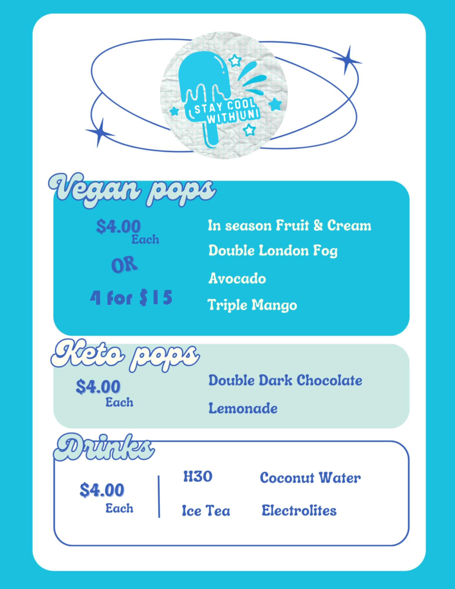 Popsicle and drink menu